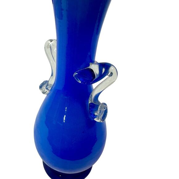 VTG Cobalt Blue Blown Glass 6" Tall Bud Vase With Clear Handles Decor Modern - Picture 3 of 7